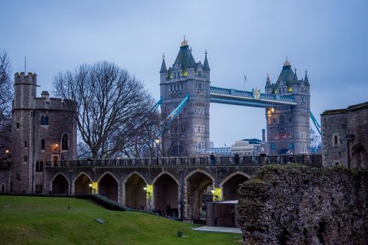 London, UK - January 26, 2017: Iconic Tower Bridge from the Tower of London castle vantage point London UK landmarks