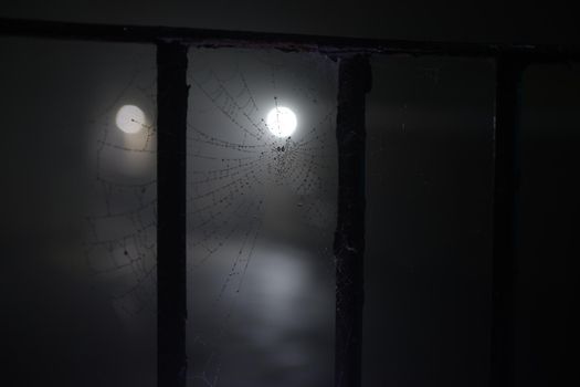 Water droplets from the heavy fog condense on the spooky cobweb that hangs between metal railings. Lit by distant street lights at night, dark image
