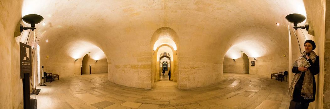 Wide panorama inside of the domes of the catacombs in Paris, France.