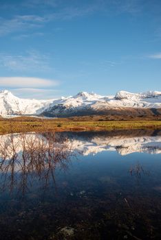 Icelandic mountain range with beautiful snowcapped mountains reflected into still water.