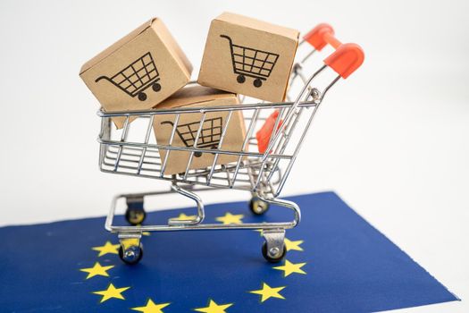 Box with shopping cart logo and EU flag, Import Export Shopping online or eCommerce finance delivery service store product shipping, trade, supplier concept.