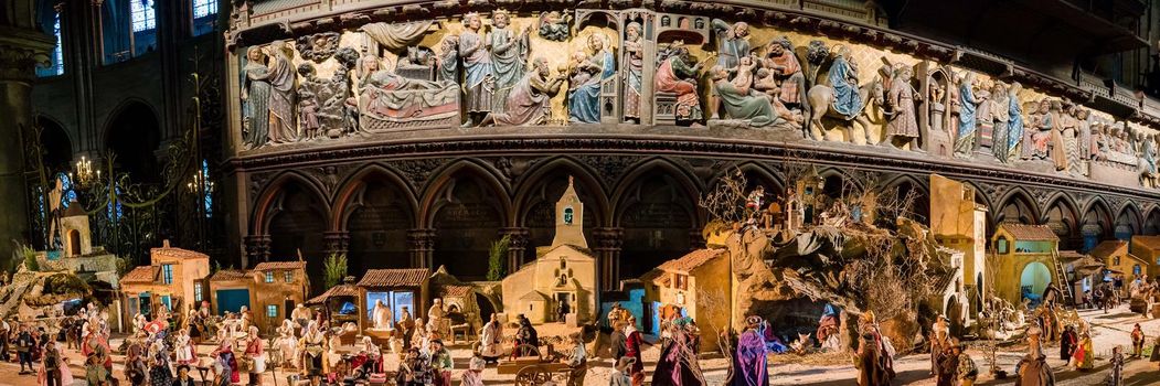 Paris, France - February 3, 2017: Christmas Nativity Scene at the Notre Dame Cathedral in Paris