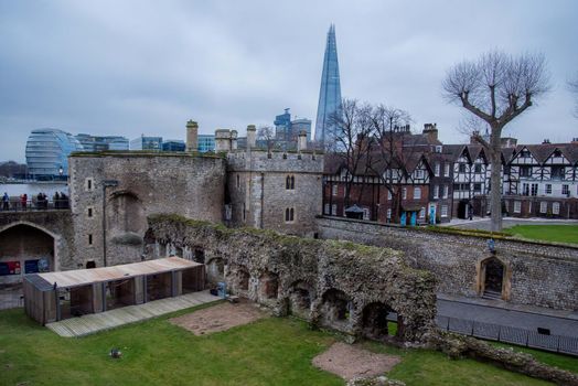 London, UK - January 26, 2017: Iconic The Shard from the Tower of London castle vantage point London UK landmarks