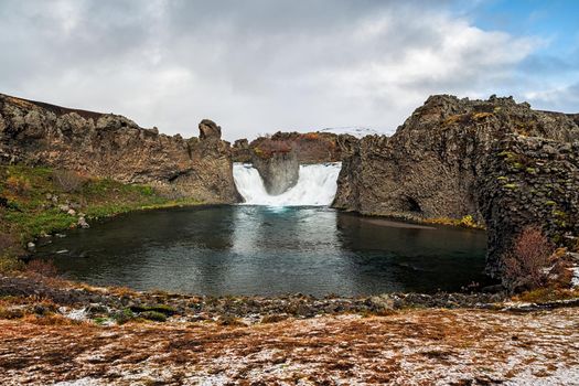 View of Hjalparfoss, a waterfall in the southern highlands