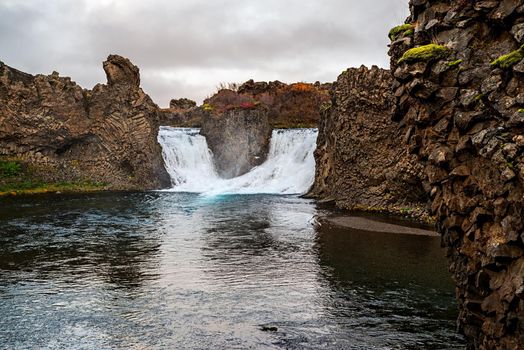 View of Hjalparfoss, a waterfall in the southern highlands