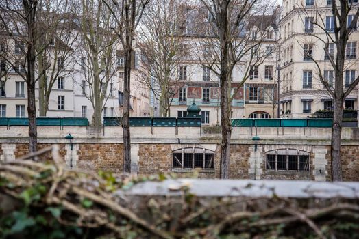 Paris, France - February 3, 2017: Looking across the Siene River with geometric views of buildings, windows, and trees. Abstract nature and architecture