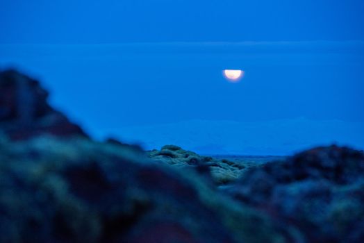 Icelandic landscape photo at sunset with volcanic rock field covered in green moss with a pretty purple and pink sky