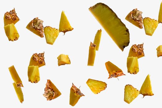 Flying pineapple slices set on white background. Falling pineapple slice isolated on white background, clipping path, full depth of field.