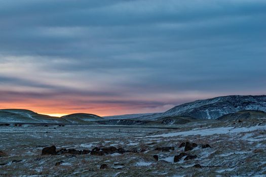 Sunset near Hveragerdi in a winter day, Iceland