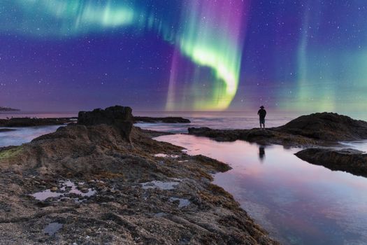 Man’s reflection silhouette as a Green Aurora borealis shimmers over the ocean water as it cascades over rocks in Reykjavik, Iceland.