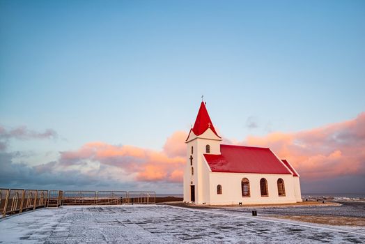 Ingjaldsholskirkja in Snaefellsnes peninsula at sunset, Iceland