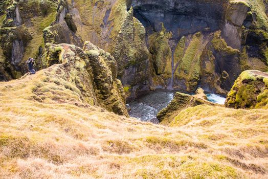 Fjaorargljufur, Iceland mossy green canyon with breathtaking views of grassy canyon tops.