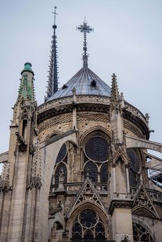 Paris, France - February 3, 2017: Detail close up view of the French Gothic architecture of the Notre Dame de Paris. Exterior view