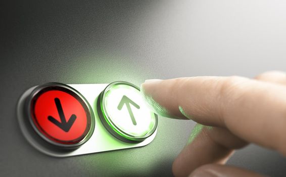 Man pressing a green button with an arrow on a simple board. Composite image between a hand photography and a 3D background.