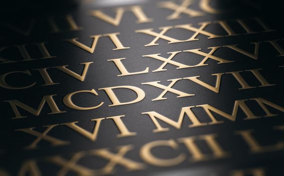 3D illustration of golden roman numerals over black background.