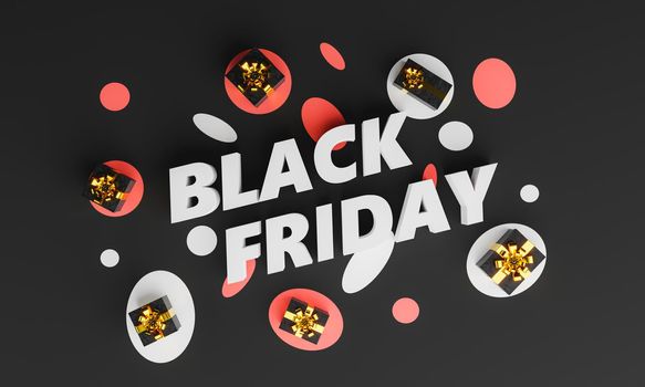 BLACK FRIDAY poster with gifts and circles around. 3d rendering