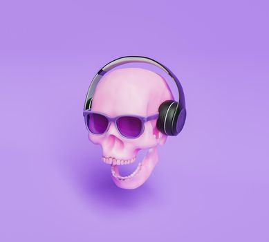 skull with headphones and sunglasses. 3d rendering