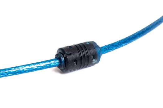 Interference filter on a blue wire isolated on a white background close up