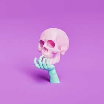 pensive skull posed on a hand with vivid colors. 3d rendering