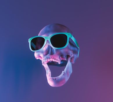 skull with neon lighting and sunglasses. 3d rendering