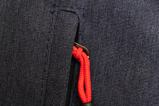 Black zipper on a black bag close up