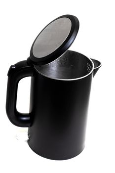 Black open electric kettle close up, isolated on white background