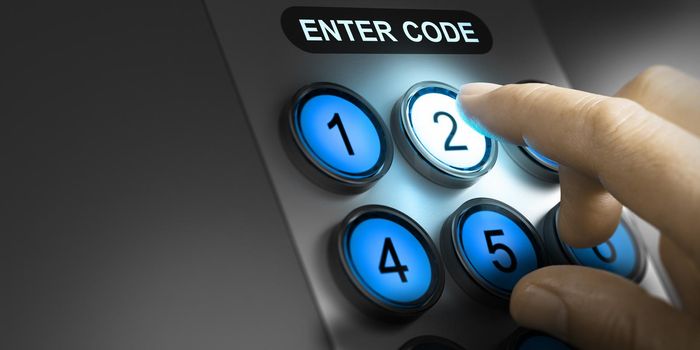 Man entering code on a board with blue buttons. Composite image between a hand photography and a 3D background.