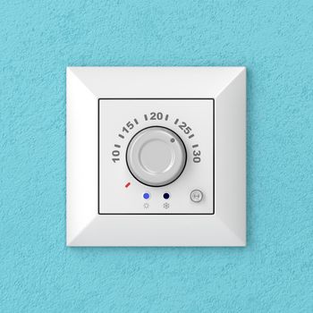 Air conditioner control panel (thermostat) on blue wall, front view