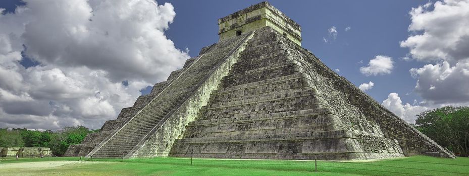 Banner of Chichen itza pyramid in Mexico, banner image with copy space