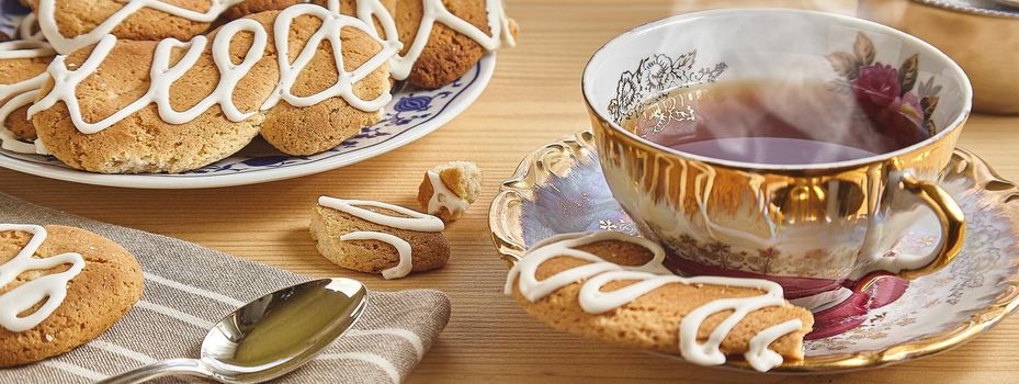 Tea and cookies, banner image with copy space