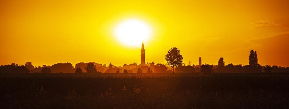 Countryside landscape sunset orange, banner image with copy space