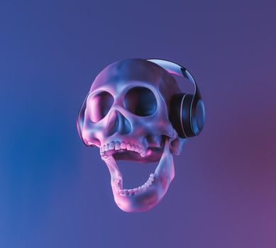 skull with neon lighting and headphones. 3d rendering