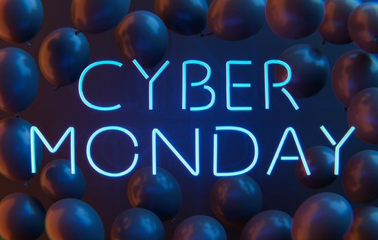 CYBER MONDAY neon sign with black balloons around it and lens distortions. 3d rendering