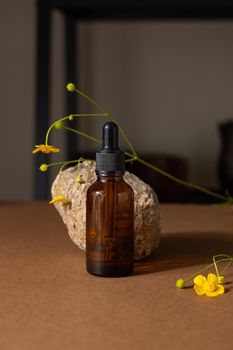 Brown glass bottle of cosmetic product or oil on stone and yellow wildflower on beige brown paper background. Natura Spa Cosmetic Beauty concept with hard shadows side view