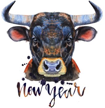 Bull with the inscription New Year. Watercolor graphics. Bull animal illustration with splashes watercolor textured background.