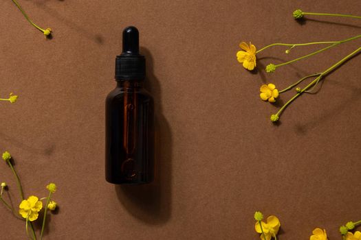 Brown glass bottle of cosmetic product or oil on stone and yellow wildflower on beige brown paper background. Natura Spa Cosmetic Beauty concept with hard shadows side view