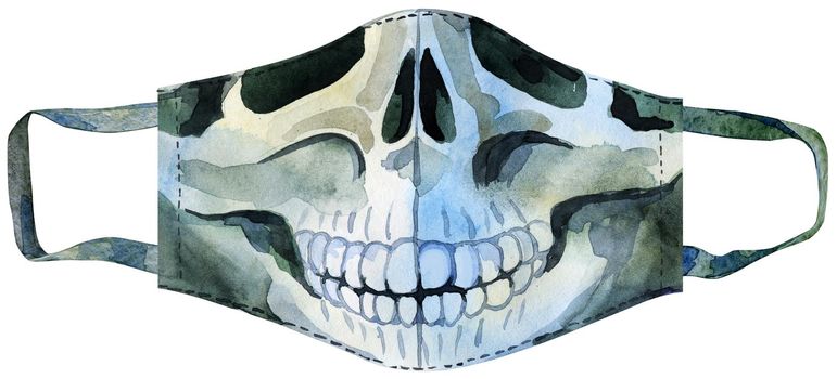Face mask with skull. Virus protection against virus watercolor clipart. Health care, hand drawn medical mask. Homemade