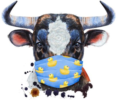 Bull with white spot in protective mask. Watercolor graphics. Bull animal illustration with splashes watercolor textured background.