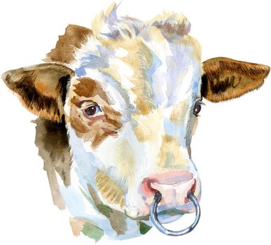 Bull watercolor graphics. Bull animal illustration watercolor textured background.