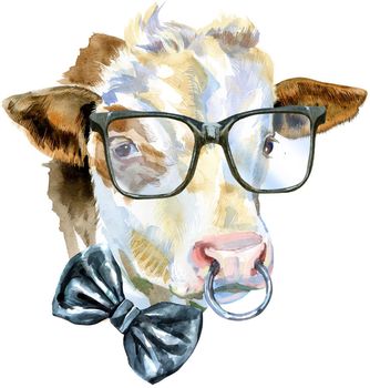 Bull watercolor graphics. Bull animal illustration in glasses and bow tie watercolor textured background.