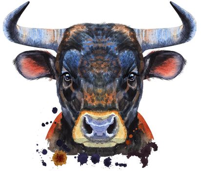 Bull watercolor graphics. Bull animal illustration with splashes watercolor textured background.