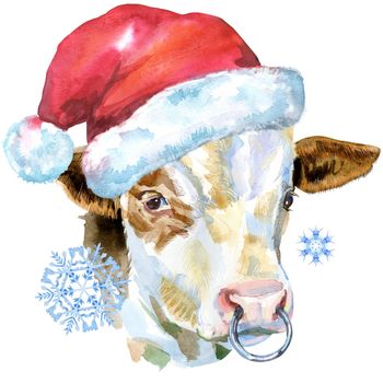 Bull watercolor graphics. Bull animal in Santa hat illustration watercolor textured background.