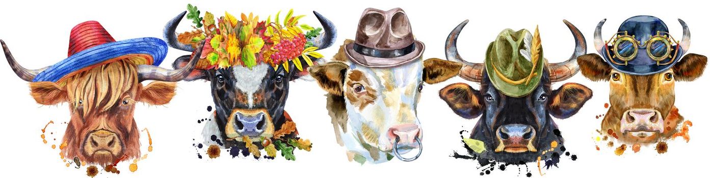 Cute border from watercolor portraits of bulls. For t-shirt graphics. Watercolor bulls illustration