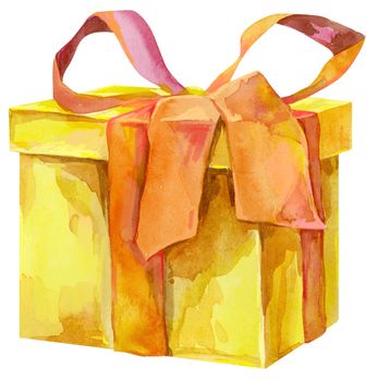 Yellow gift box with orange ribbon bow isolated, watercolor painting on white background