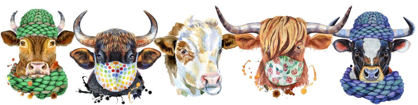 Cute border from watercolor portraits of bulls. For t-shirt graphics. Watercolor bulls illustration