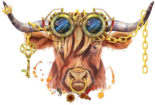 Bull with steampunk goggles and gold chains on which a key hangs watercolor graphics. Bull animal illustration with splash watercolor textured background.