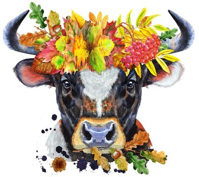 Bull with white spot in a wreath of autumn leaves. Watercolor graphics. Bull animal illustration with splashes watercolor textured background.