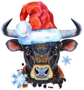 Bull in Santa hat. Watercolor graphics . Bull animal illustration with splashes and snowflakes.