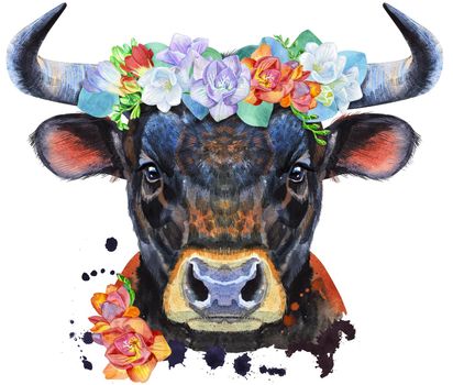 Bull in wreath of freesia watercolor graphics. Bull animal illustration with splashes watercolor textured background.