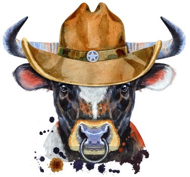 Bull with white spot in a cowboy hat. Watercolor graphics. Bull animal illustration with splashes watercolor textured background.